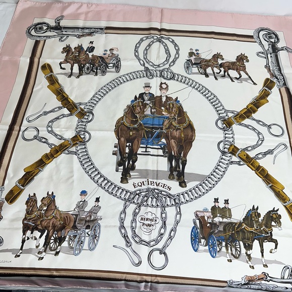 Hermes Accessories - Hermes Pink, Cream & Brown 'Equipages' Silk Scarf